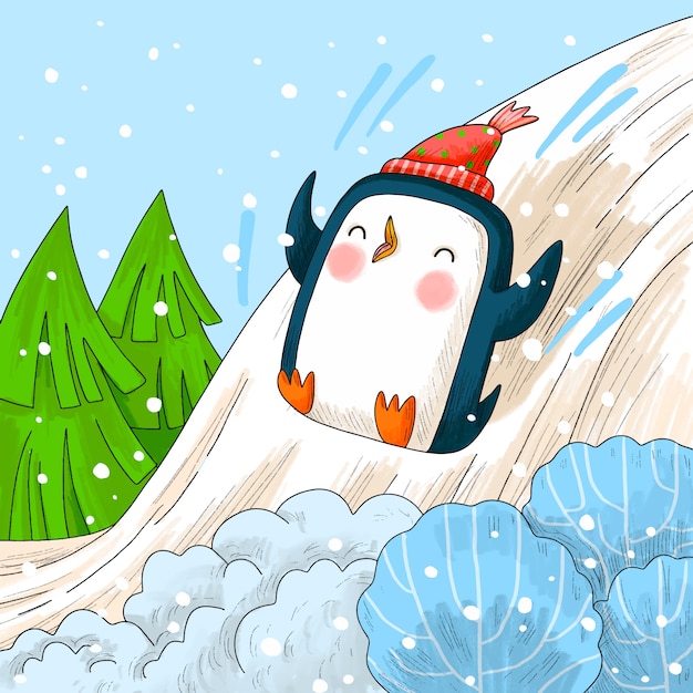 Hand drawn penguin cartoon illustration