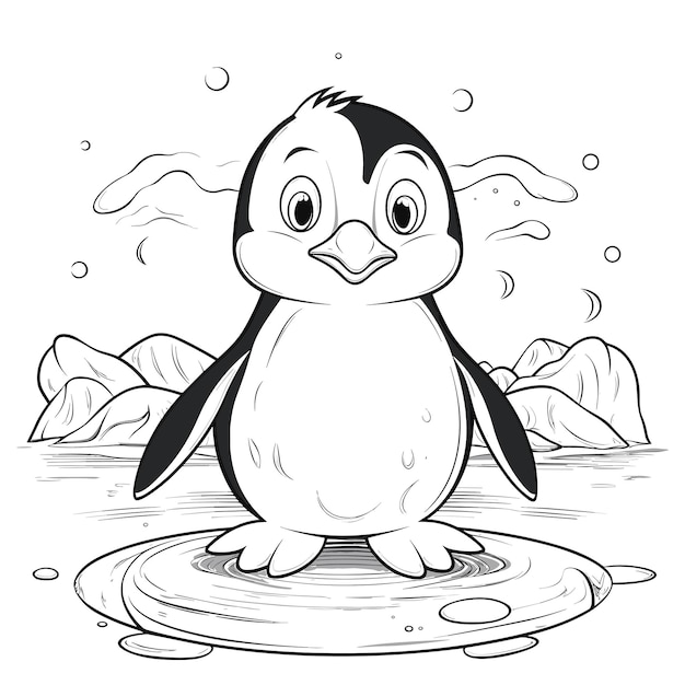 Vector hand drawn penguin outline illustration black and white coloring book or page for children