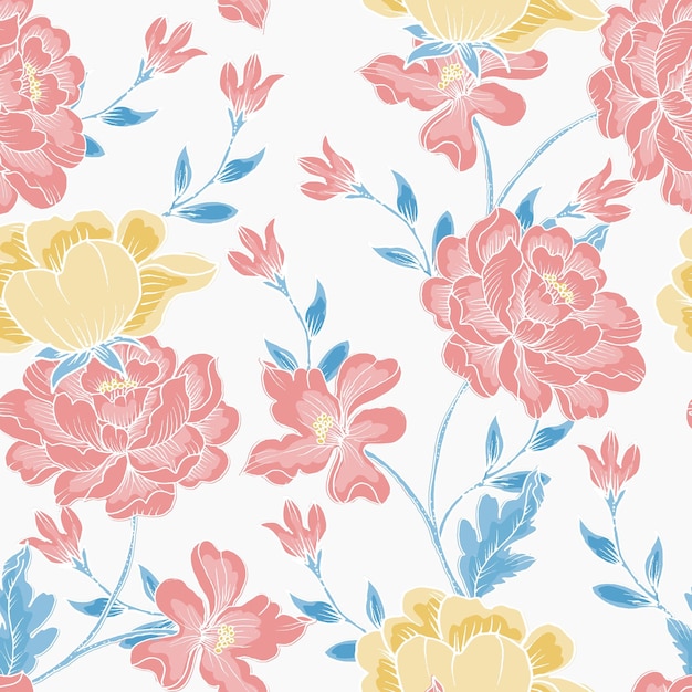 Hand Drawn Peony Batik Flower Seamless Pattern