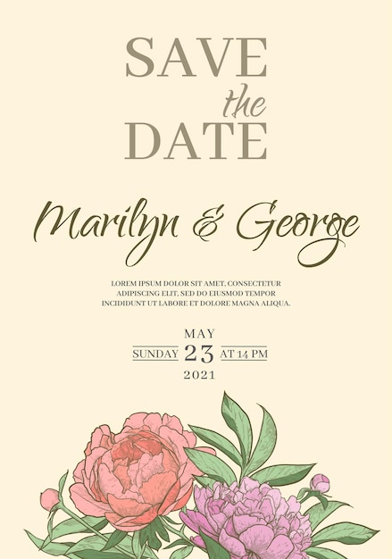 Нарисованная рукой цветочная рамка пиона Шаблон приглашения на годовщину свадьбы или праздник