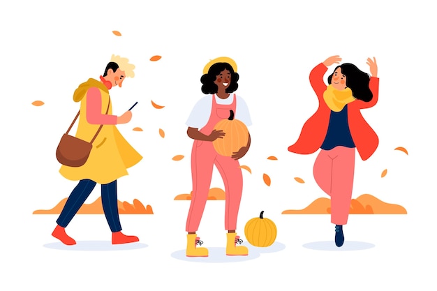 Vector hand drawn people in autumn clothes outdoors