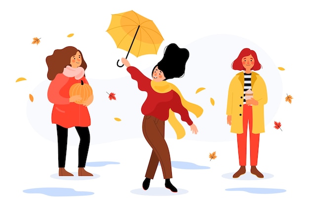 Vector hand drawn people in autumn clothes outdoors