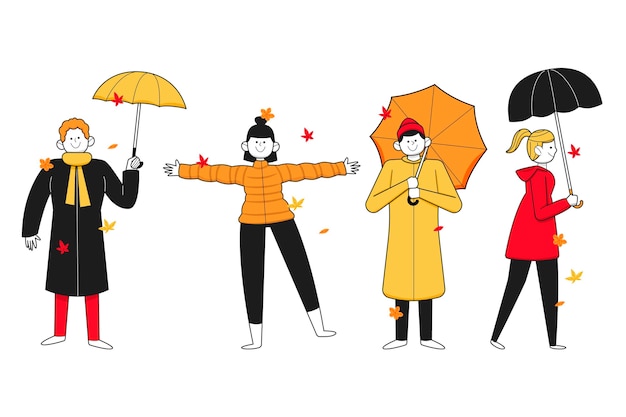 Vector hand drawn people in autumn with umbrellas