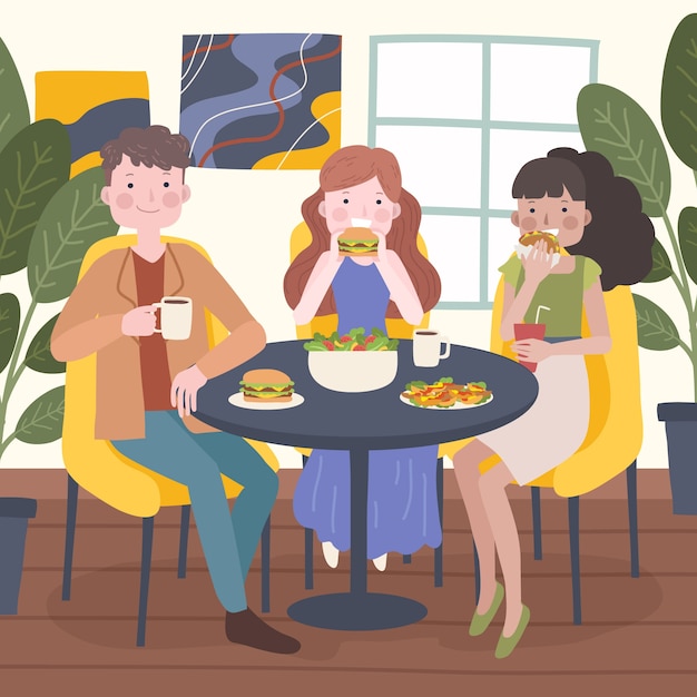 Vector hand drawn people eating illustration