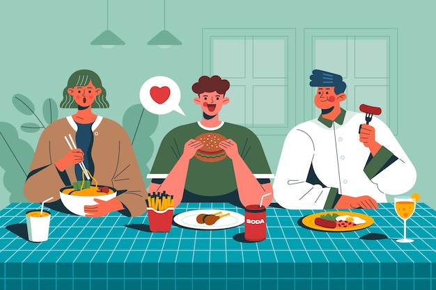 Vector hand drawn people eating illustration