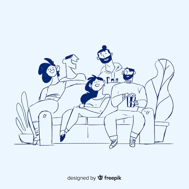 Vector hand drawn people at home background