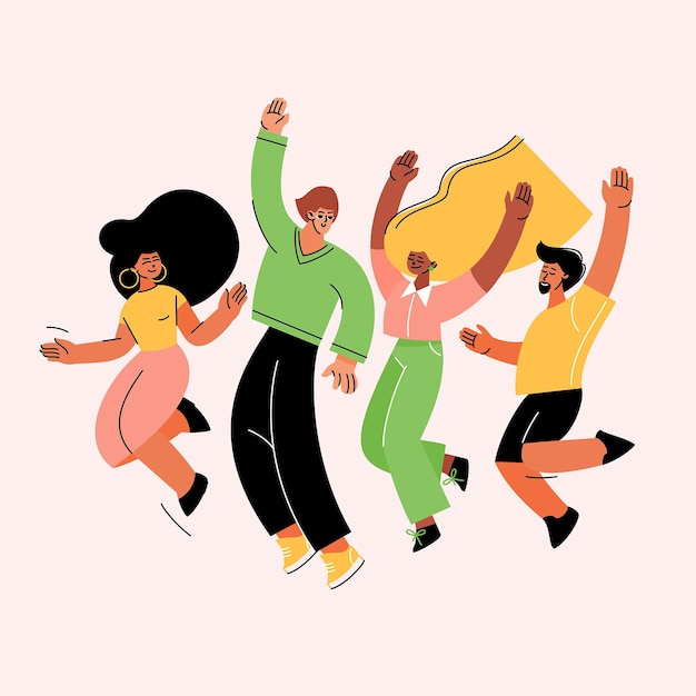 Vector hand drawn people jumping together