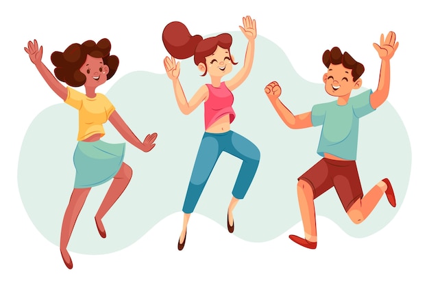 Vector hand drawn people jumping together