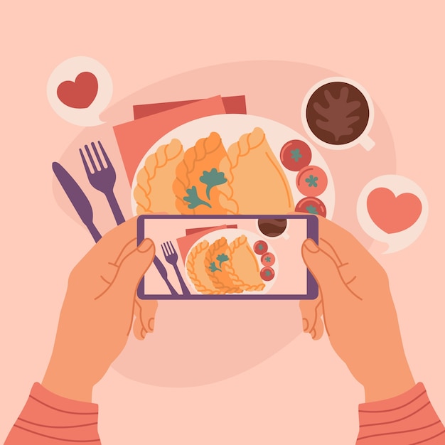 Vector hand drawn people taking pictures of food illustration