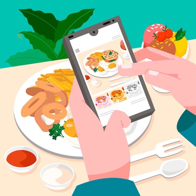 Vector hand drawn people taking pictures of food illustration