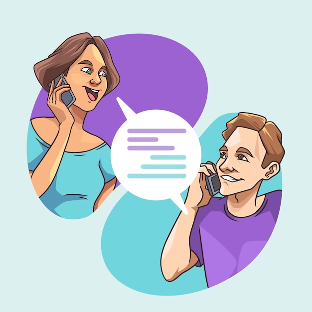 Vector hand drawn people talking on the phone illustration