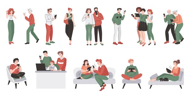hand drawn people using technology set