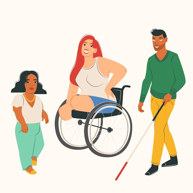 Vettore illustrazione di persone con disabilità disegnate a mano