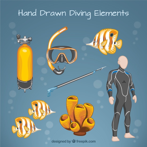 Hand drawn person with diving equipment and fishes