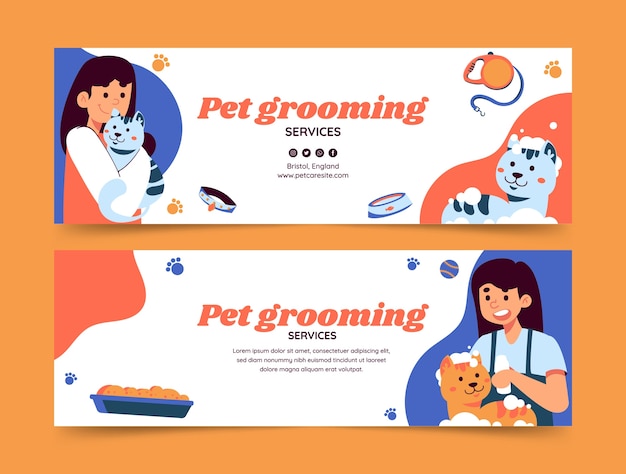 Hand drawn pet grooming horizontal banner