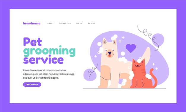 Vector hand drawn pet grooming landing page template