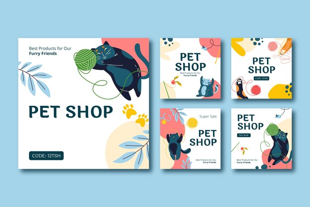 Vector hand drawn pet shop instagram posts