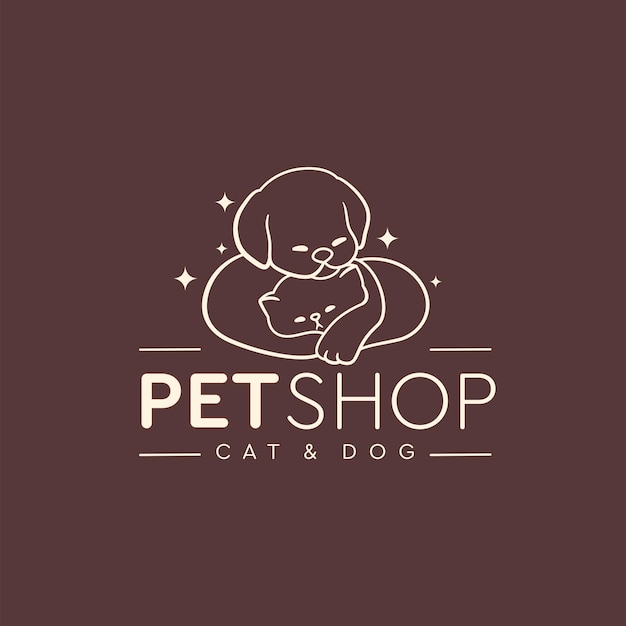 Hand drawn Pet shop logo with Cat and dog illustration