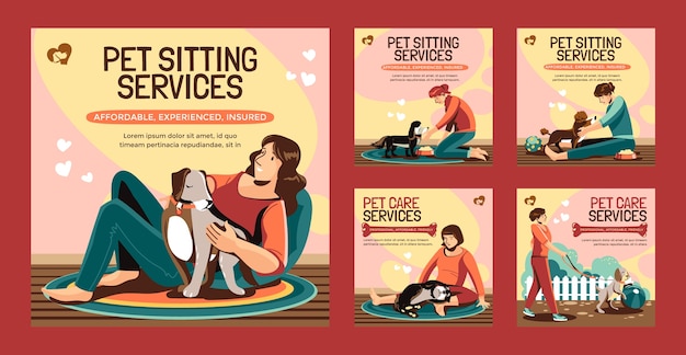 Vector hand drawn pet sitting instagram posts