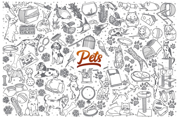 Hand drawn Pets doodle set background with red lettering  