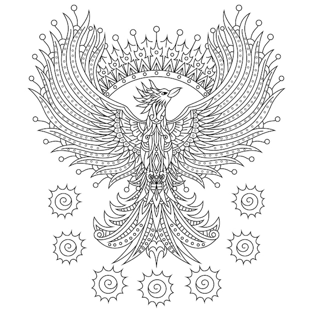 Hand drawn of phoenix in zentangle style