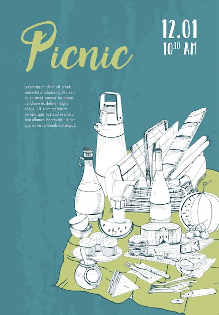 Hand drawn picnic poster with place for text and food illustration.