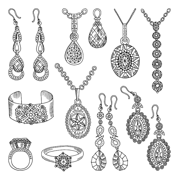 Set di immagini disegnate a mano di gioielli di lusso. illustrazioni vettoriali
