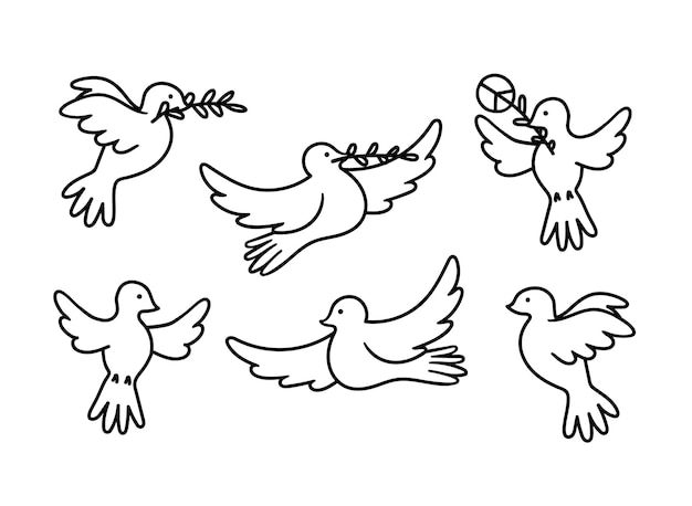 Нарисованные от руки голуби Набор каракулей, рисующих птиц с веткой, наклейки с изображением международного дня мира