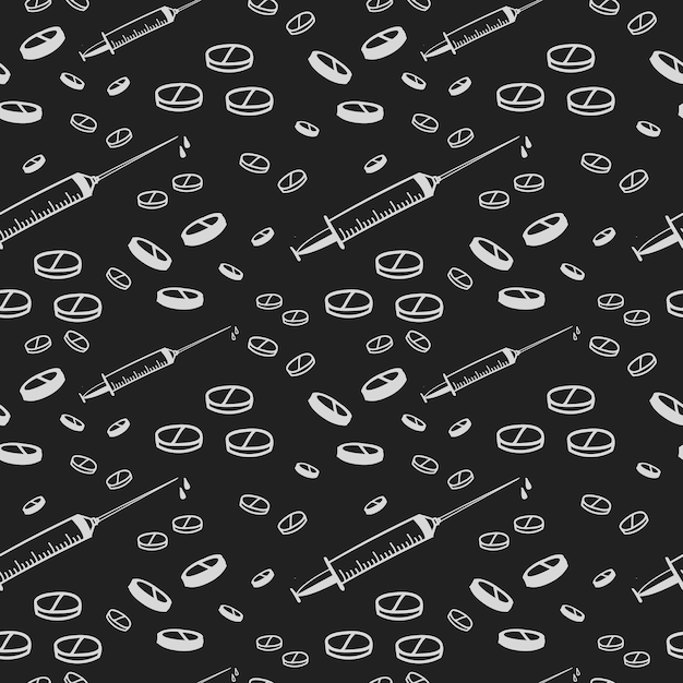 Вектор Рисованной таблетки наркотики и шприцы бесшовный узор на доске