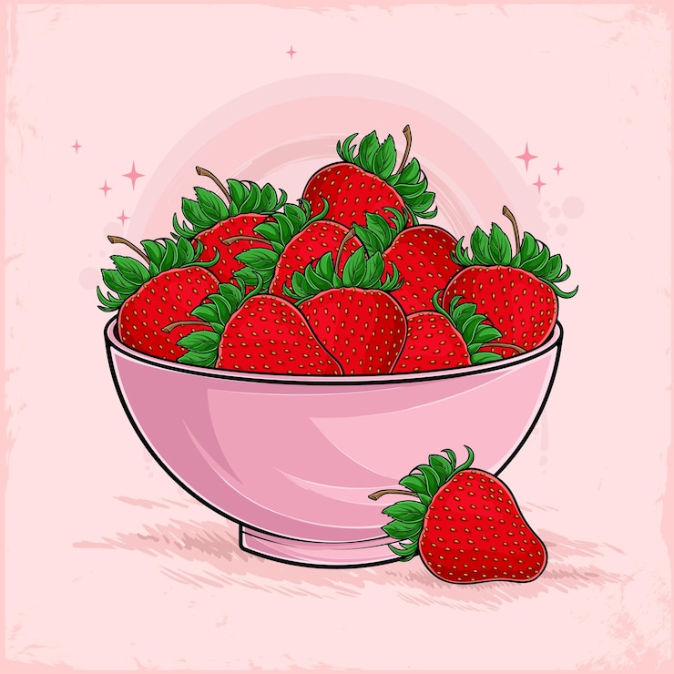 वेक्टर hand drawn pink bowl full of raw delicious red strawberries with green leaves on top ready to eat
