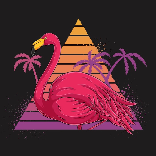 Hand drawn pink flamingo against vintage sunset background with palms