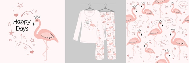 Hand drawn pink flamingo Seamless pattern with birds Pajamas