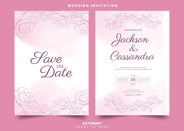 Hand drawn pink flower wedding invitation template