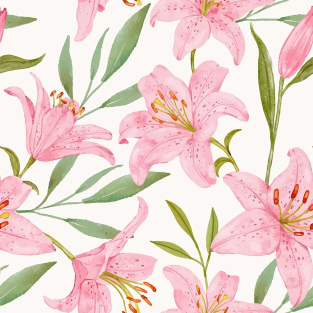 Hand drawn pink lily seamless pattern