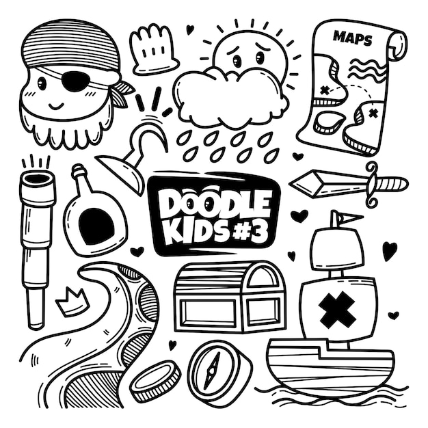 Vector hand drawn pirates doodle set