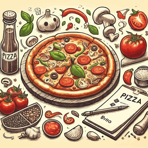 Vector hand drawn pizza cartoon illustration