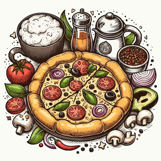 Hand drawn pizza cartoon illustration