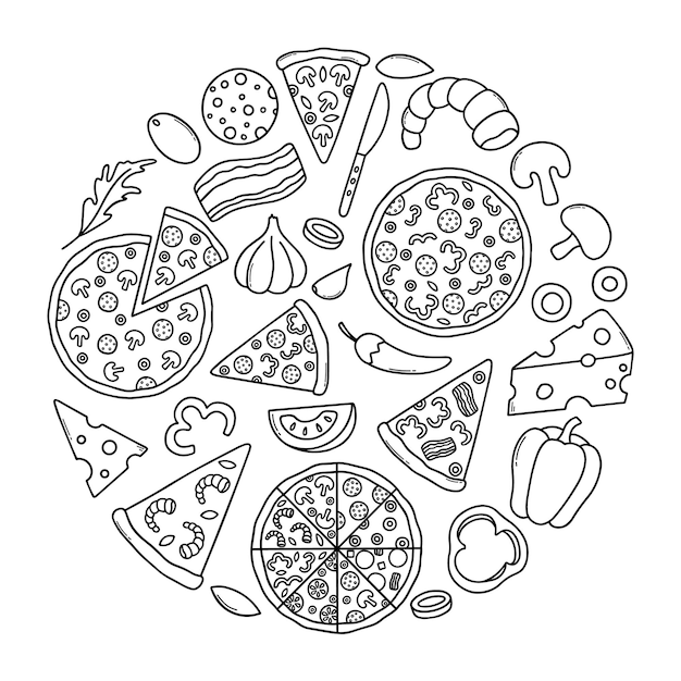 Vector hand drawn pizza doodle slice of pizza with mushrooms in sketch style