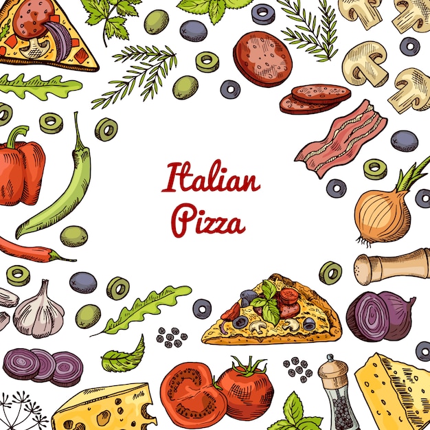 Premium Vector | Hand drawn pizza ingridients and spices with empty ...