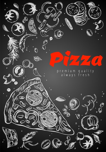 Vector hand drawn pizza line banner engraved style chalk doodle background savoury pizza ads tasty vector banner for cafe restaurant or food delivery service