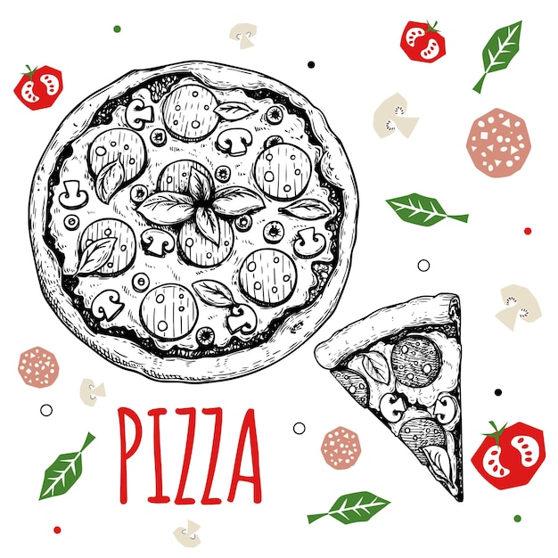 Hand drawn pizza Pepperoni design template. Sketch style traditional Italian food. Doodle flat ingredients. Whole pizza and slice. Best for menu, poster and flyers design. Vector illustration.