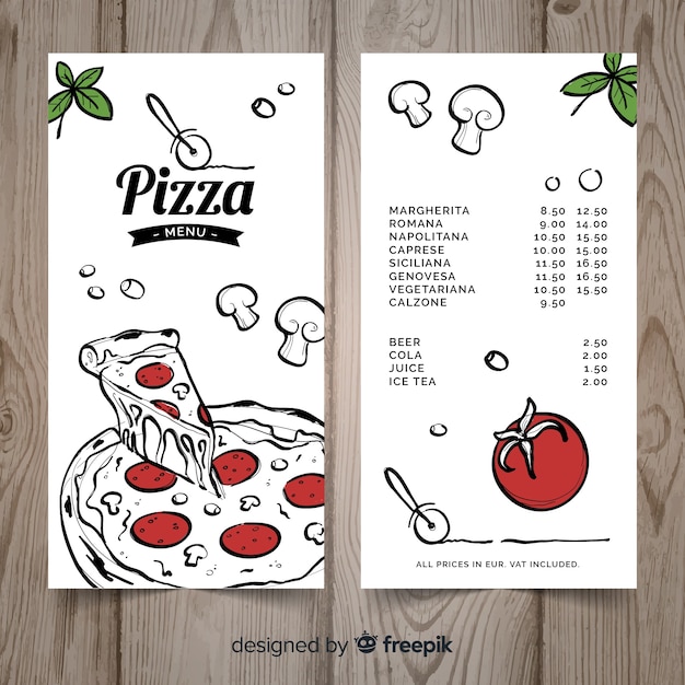 Modello di menu ristorante disegnato a mano della pizza