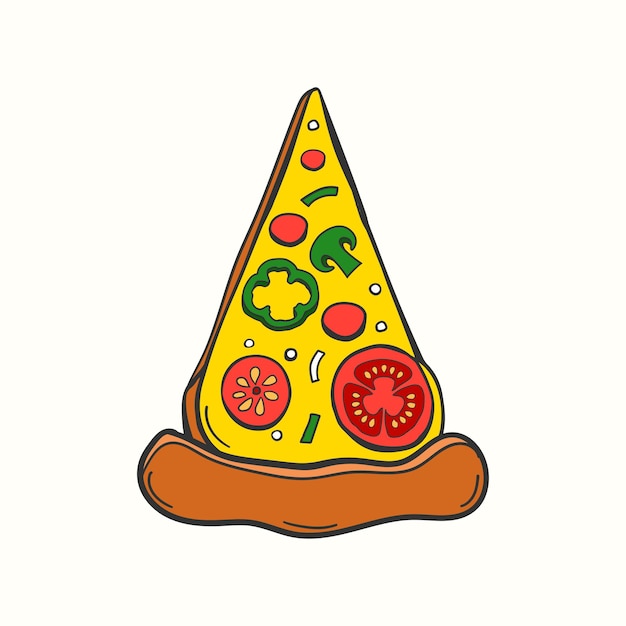 Hand drawn pizza slice icon illustration with dripping cheese food illustration