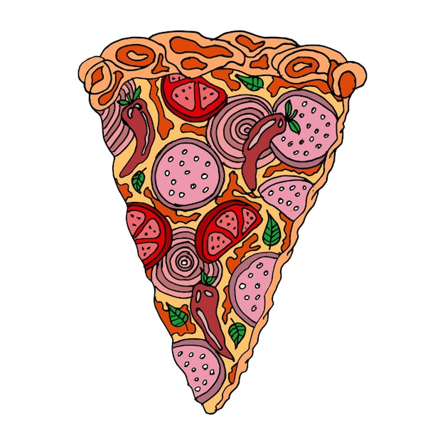 Нарисованный вручную кусок пиццы с грибами, луком, колбасой, сыром, перцем и зеленью. итальянская еда