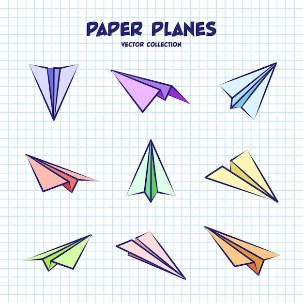 Hand drawn planes on checkered paper sheet School notebook for drawing Doodle airplane Aircraft icon simple colorful plane silhouettes Outline line art Vector illustration