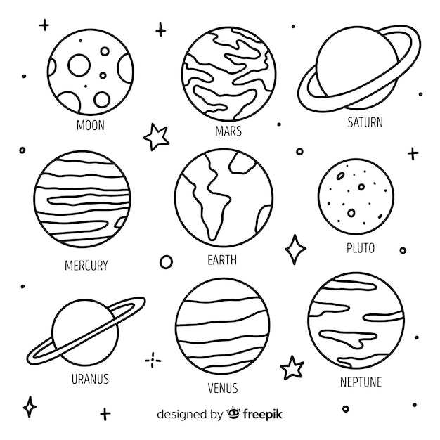 Vector hand drawn planets in doodle style