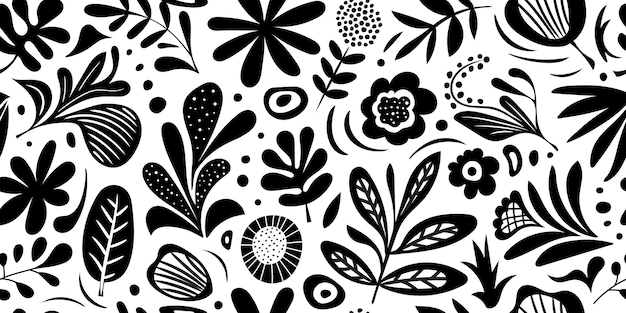 손으로 그려진 식물 요소 꽃과 잎의 원활한 패턴
