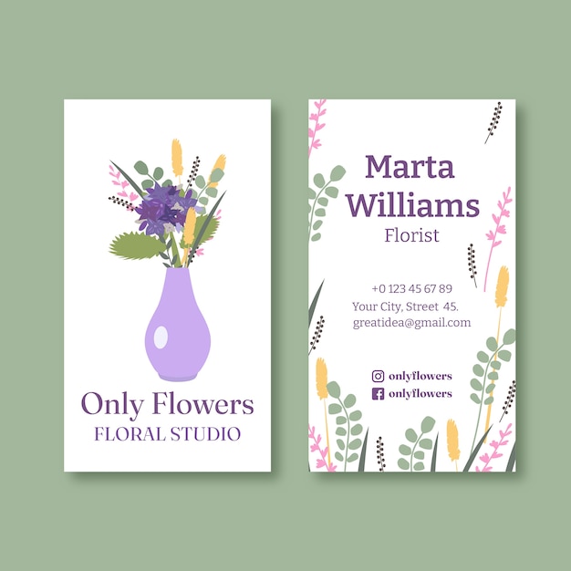 Vector hand drawn plants florist job vertical business card