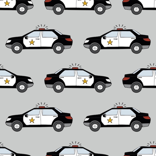 Hand drawn police cars seamless vector pattern.