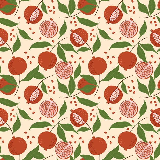 hand drawn pomegranate fruit with leaves endless pattern